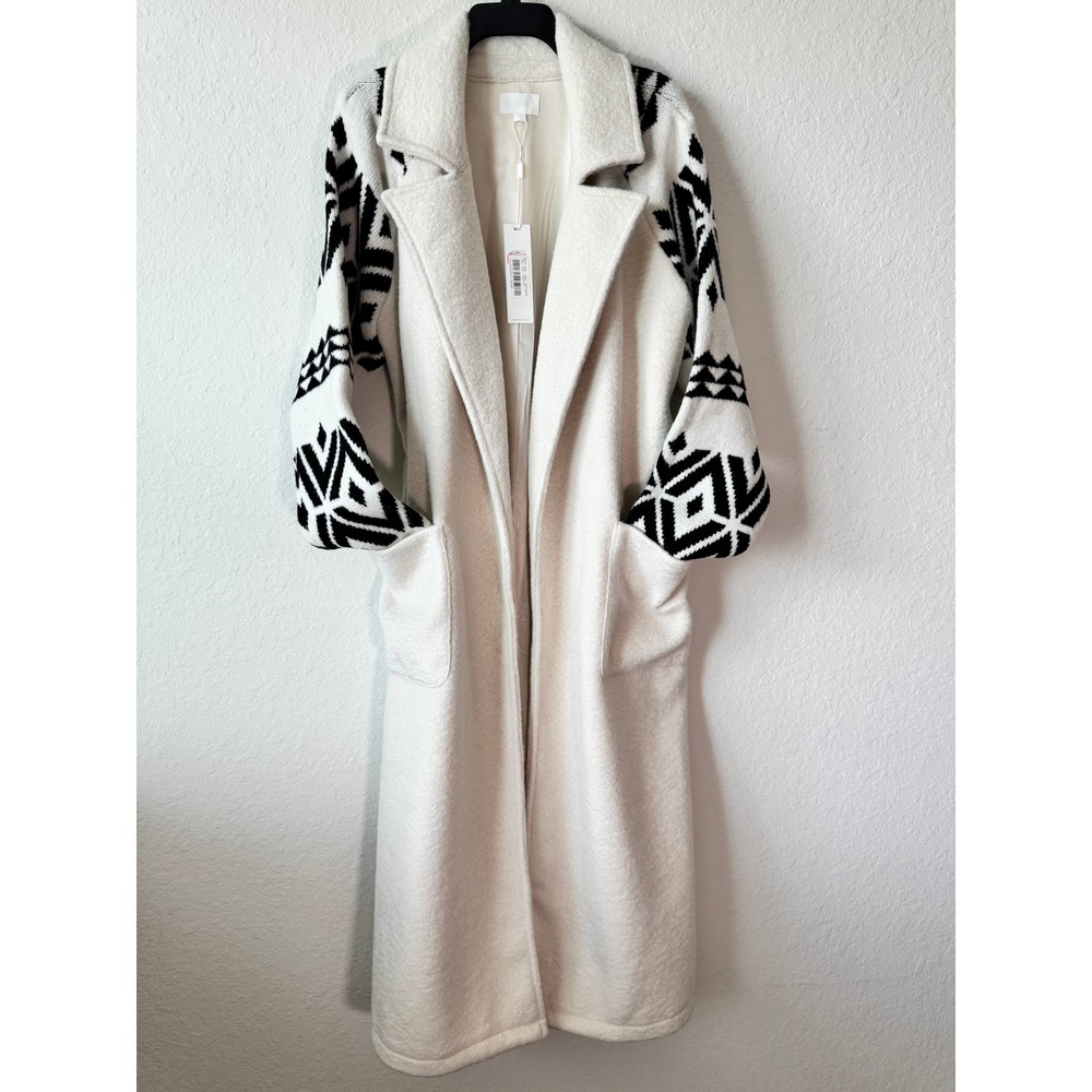 EVERY Womens Cream Longline Maxi Wrap Coat Geometric Knit Sleeves Large NWT - Picture 5 of 11